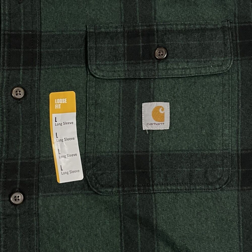Carhartt Flannel Shirt Loose Fit Heavyweight Mens Sz L Green Plaid TW4451-M - Picture 4 of 10